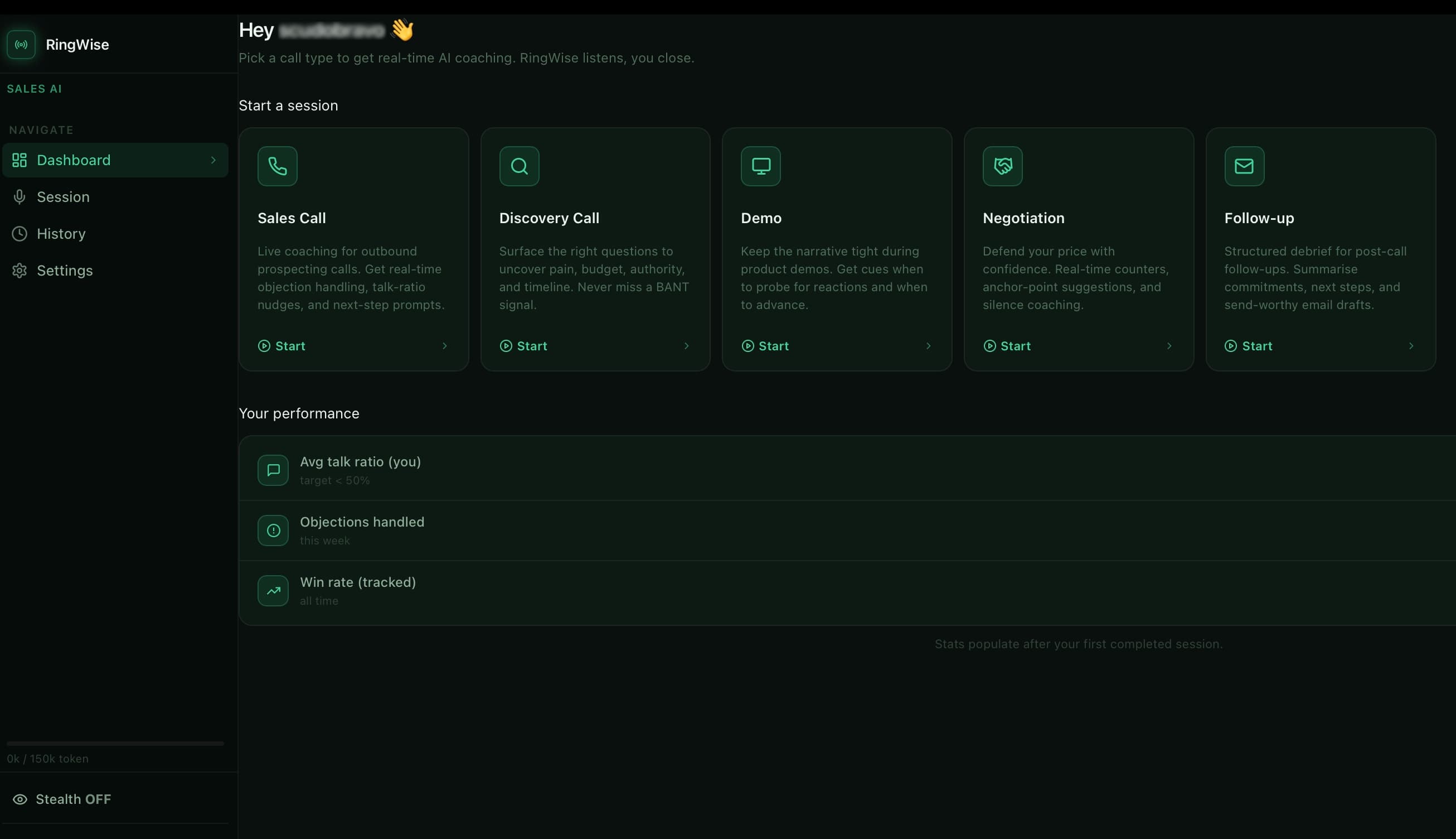 RingWise AI sales coach dashboard: live call transcription, real-time coaching suggestions, and deal-closing prompts your prospect cannot see